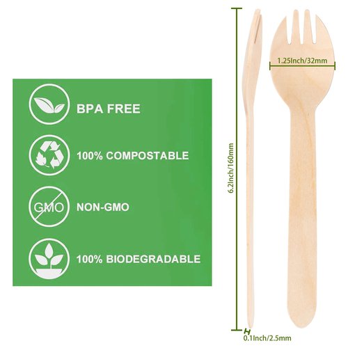 Disposable Wood Cutlery Sporks - 100 Pack Wooden Sporks Disposable Spoon Fork 2-in-1 Cutlery,6.3 Inch Length Wood Sporks