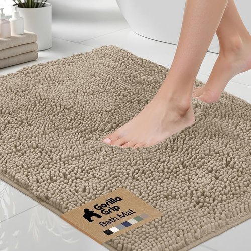 GORILLA GRIP Bath Rug Mat - Soft, Absorbent Chenille | Quick-Dry Microfiber, 30x20, Gray Beige