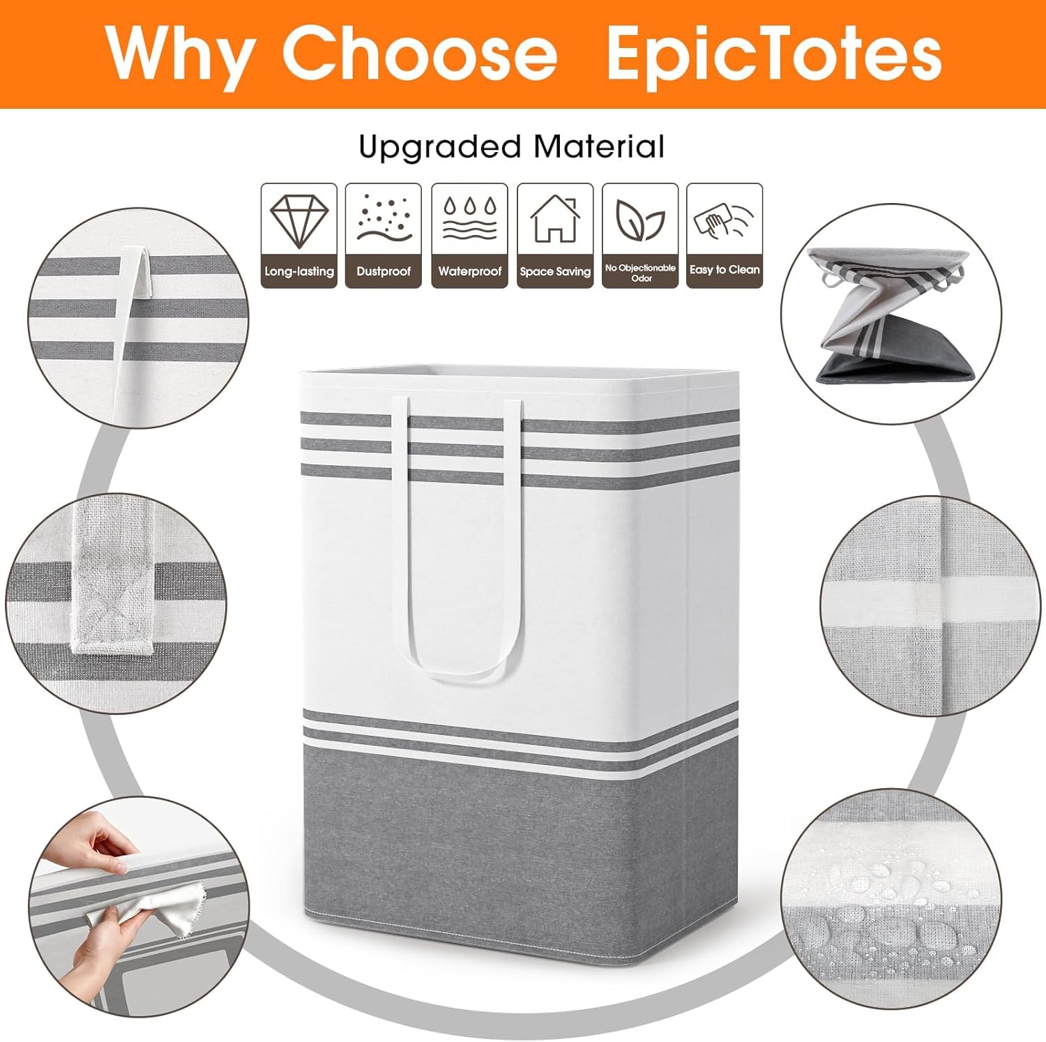 Skiennix Large Laundry Baskets - Waterproof Collapsible Hampers with Reinforced Handles | 75L Grey