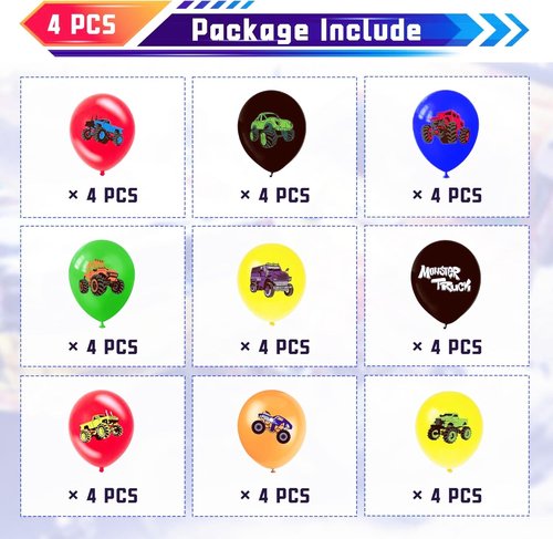 36 PCS Monster Truck Balloons Party Decorations, 12 Inch Colorful Monster Truck Theme Latex Balloon Bouquet for Kids Girls Boys Baby Shower for Birthday Party Supplies Decoration