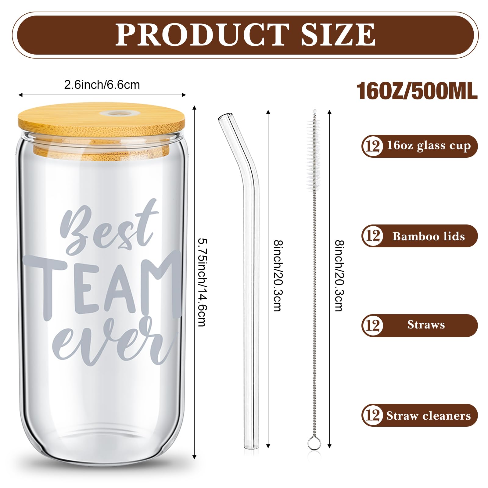 Purpeak 12 Set Employee Appreciation Gifts Thank You Glass Cups Gifts for Staff Coworker Appreciation Cups 16 oz Can Shaped Beer Glass with Lids Straws Brushes for Teacher Nurse(Best Team Ever)