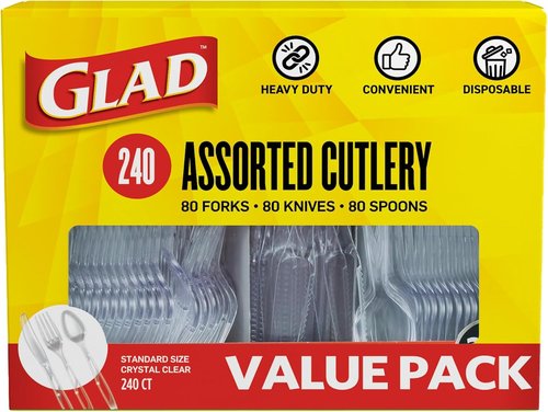 Glad Clear Disposable Cutlery Set - Heavy Duty Plastic Forks, Knives & Spoons | 240 Count, Dishwasher Safe