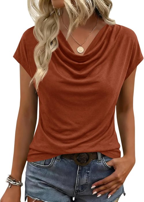Fisoew Women's Cowl Neck Tops - Stylish Short Sleeve Office Tees for Summer | Casual Work Blouses