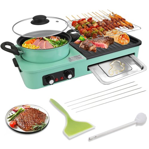 TeqHome Electric Hot Pot with Grill,1600W 3-in-1 Smokeless Raclette Table Grill for Kitchen, Barbecue Shabu Hot Pot with Non-Stick Cooking Removable Plate,Dual Temperature Control & Dishwasher Safe