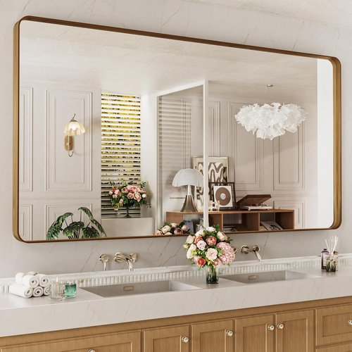 LOAAO Bathroom Mirror - 84x32 Inch Rounded Rectangle with Wood Grain Metal Frame | Anti-Rust, Versatile Hanging Options