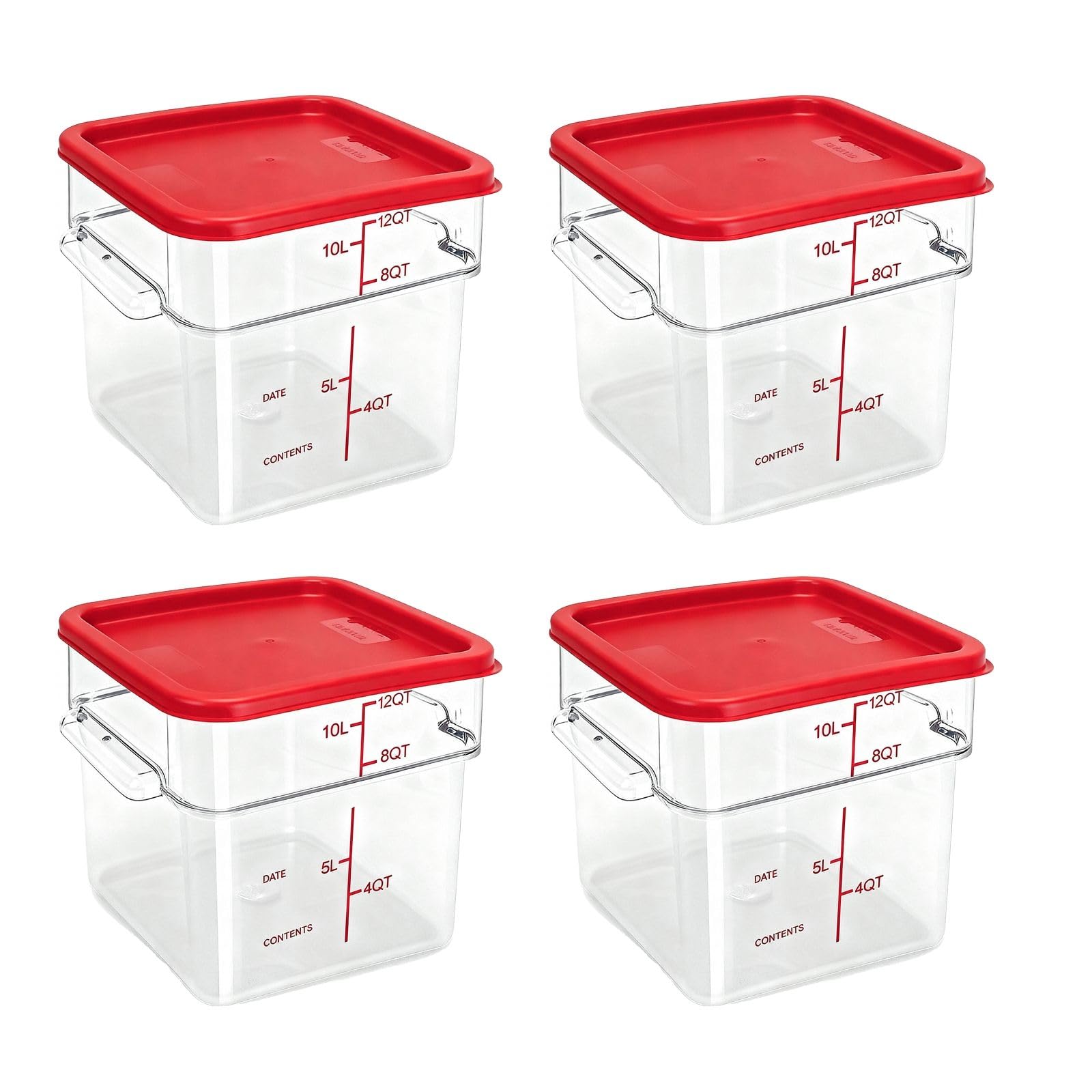 TSUBOR 4 Pack Food Storage Containers with Red Lids, 12.0 Qt - Square, Clear, Polycarbonate, for Restaurant Commercial Kitchen and Home party
