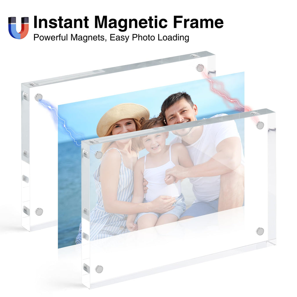 HOUSE DAY Acrylic Picture Frames 5x7, 6 Pack Magnetic 5x7 Picture Frame, Double Sided Clear 5 x 7 Photo Frame with Microfiber Cloth, Frameless FreeStanding 5x7 Frame Gift for Desktop Display