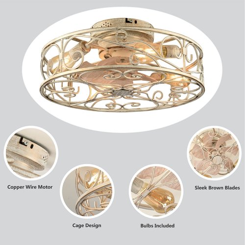 XUDOM 20" Caged Ceiling Fans with Lights and Remote, Bladeless Ceiling Fan 6 Speed Reversible with 4 Bulbs and Remote Control,Flush Mount Caged Ceiling Fan for Bedroom, Living Room, (Include Bulbs)