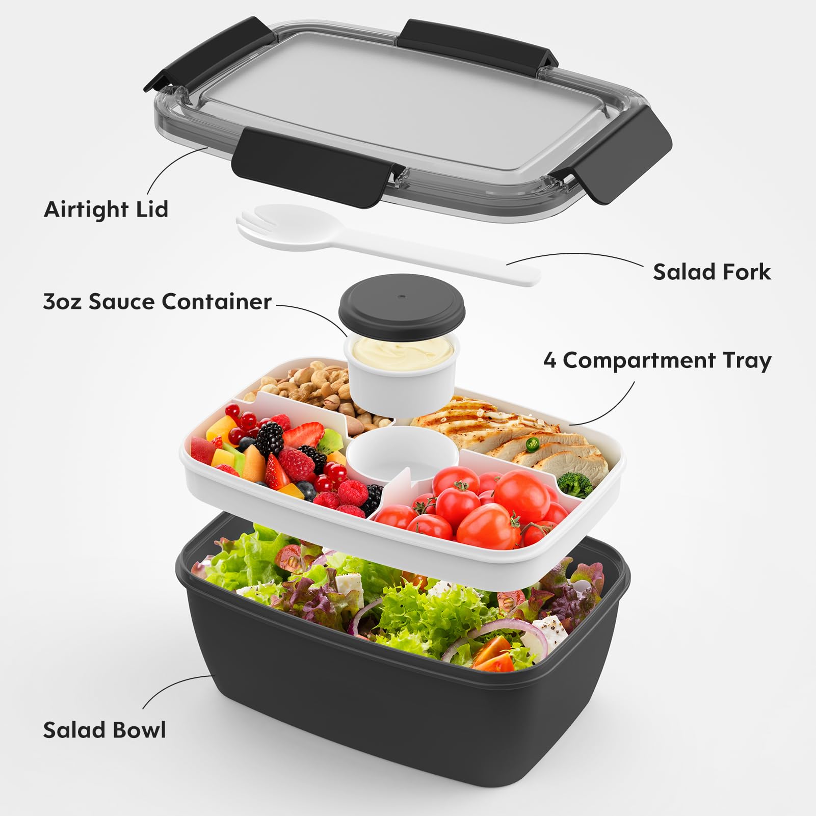 Cherrysea 2Pack Salad Lunch Container, 68oz Salad Bowls with 4 Compartments Tray,Leak Proof Lunch Box with Fork for Men,Women BPA-Free Snack Container with Sauce Container for Dressings - Black