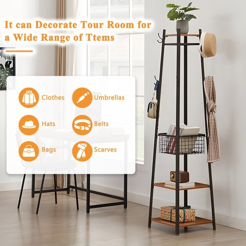 VECELO Coat Rack Freestanding,Hall Tree with Metal Basket and Storage Shelves,Industrial Coat Stand with 8 Hooks for Hanging Coats/Hats/Bags/Umbrellas,18 x 18 x 72 In,Antique Brown