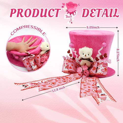 ARTSEMI Valentine Tree Topper Hat, Pink Valentines Day Decorations Tree Topper with Plush Bear and Heart Bows, Valentines Ornaments Party Decor