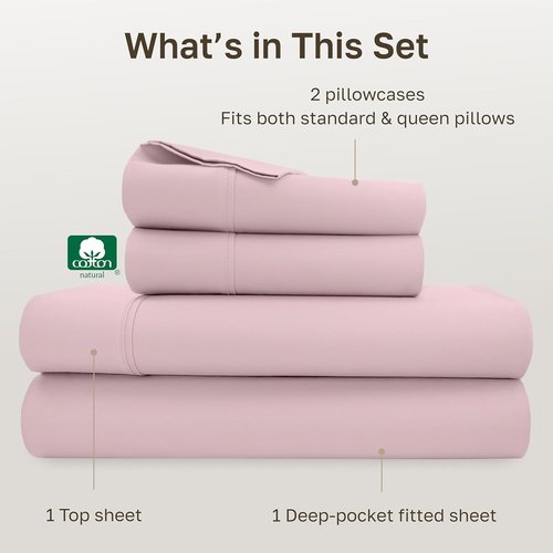 California Design Den Queen Size Cotton Sheet Set - 100% Soft, 400 Thread Count, Silky Smooth Sateen, Deep Pockets - Pink