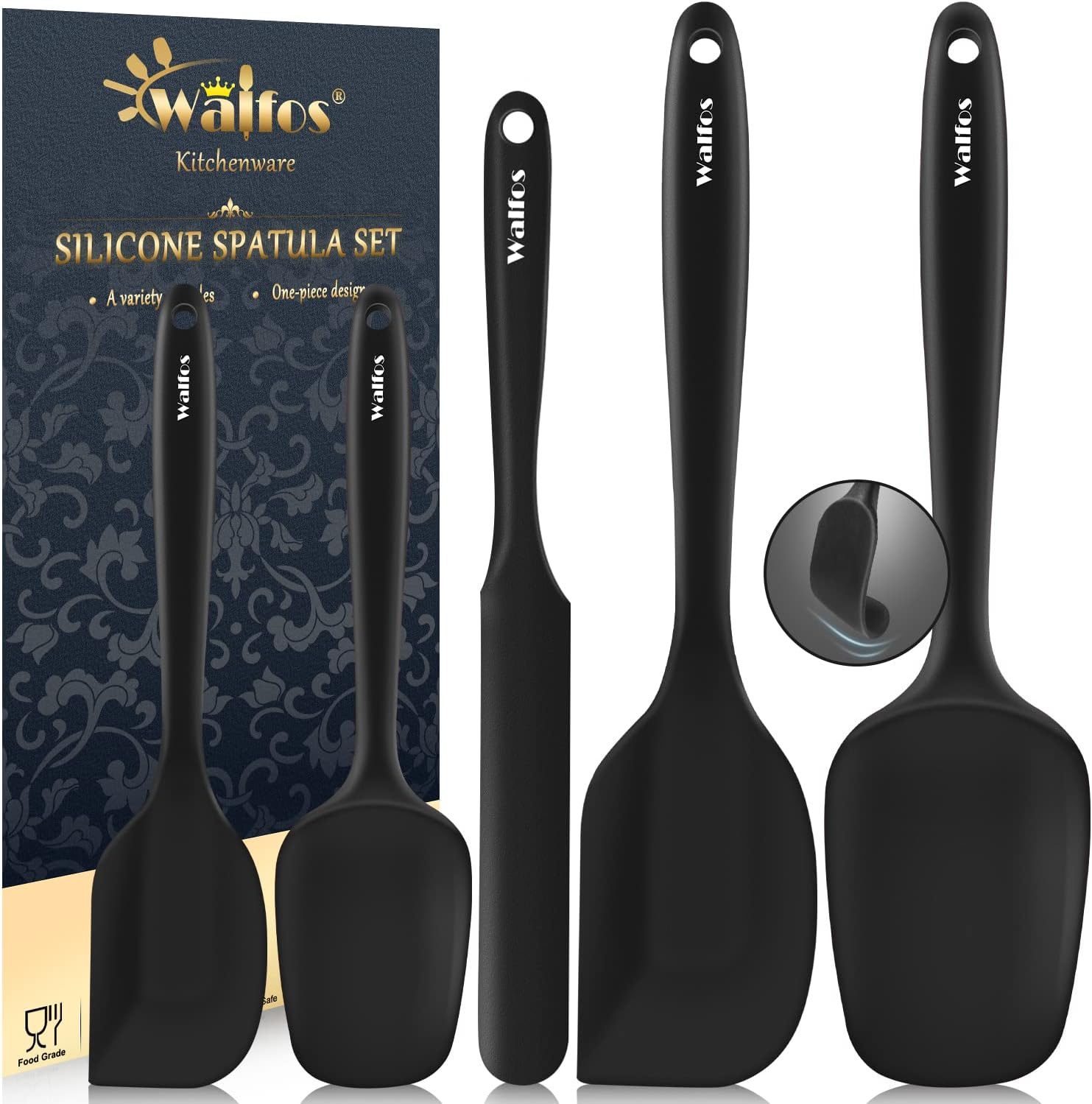 Walfos Silicone Spatula Set of 5 | High Heat Resistant Kitchen Scrapers - BPA Free, Dishwasher Safe, Black