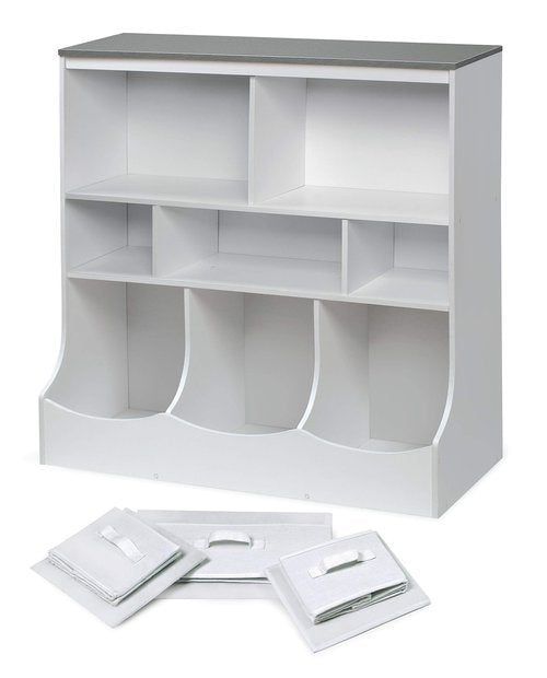 Badger Basket Combo Toy Storage Organizer and Bookshelf - Kids Storage Unit with 3 Removable Baskets, Open Shelves, Top Display Surface - White/Gray
