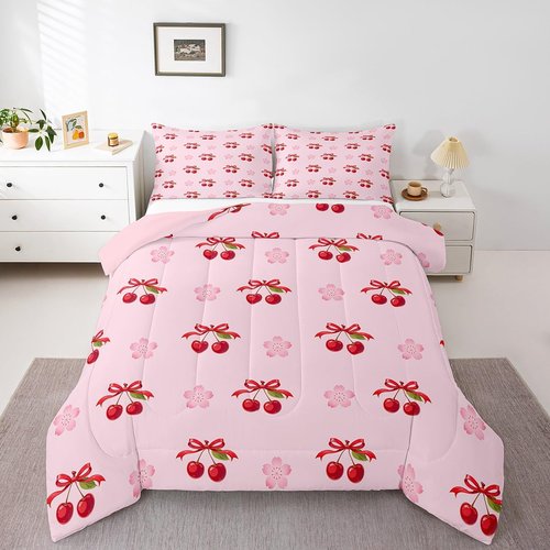 Feelyou Kids Bowknot Comforter Full Size, Red Cherry Comforter Set Boys Girls Dreamy Princess Bedding Set Colorful Floral Teens Duvet Set Bedroom Decor Microfiber Bed Set