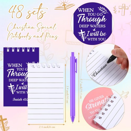 Funnymoom 48 Pack Christian Cups for Employee 16oz Religious Plastic Tumblers with Lids Bible Notebooks and Pens Bulk Christian Cups for Team Staff Coworker Gifts (Classic Color)