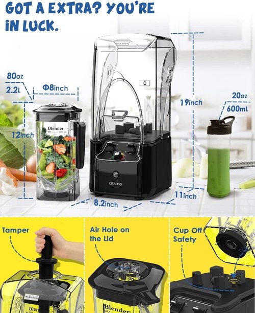 CRANDDI Commercial Quiet Blender - 2200 Watt Professional Countertop Blender with 80oz Pitcher | K90 Black