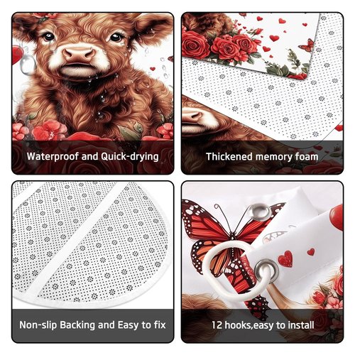 Lofaris Valentine Day Highland Cow Red Rose Shower Curtain Set - Romantic Farmhouse Bathroom Decor with red Butterflies, Includes Hooks - Valentines Bathroom Accessories