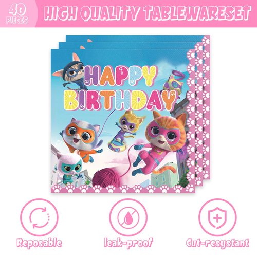 40PCS Super Kitties Party Supplies,Party Tableware Set for 20 Guests，theme Birthday Decorations ，Used for Kittys Birthday Party Supplies