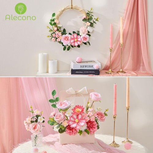 Alecono Crochet Flower Bouquet, Knitted Flowers, Pink Handmade Bouquet of Flowers for Mother's Day Anniversary Birthday Party Graduation Valentine's Day Gifts (Include Card)