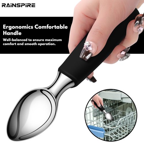 Urbanstrive Ice Cream Scoop Stainless Steel, Ice Cream Scooper Professional Large Ice Cream Scoops With Non-Slip Rubber Handle, Ice Cream Spade for Cookie Dough, Gelato, Sorbet, Melon (Black)