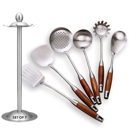 GXONE Cooking Utensils Set,7pcs 304 Stainless Steel Kitchen Utensils Set with Holder,Heat Resistant Wooden Handle Kitchen Tools