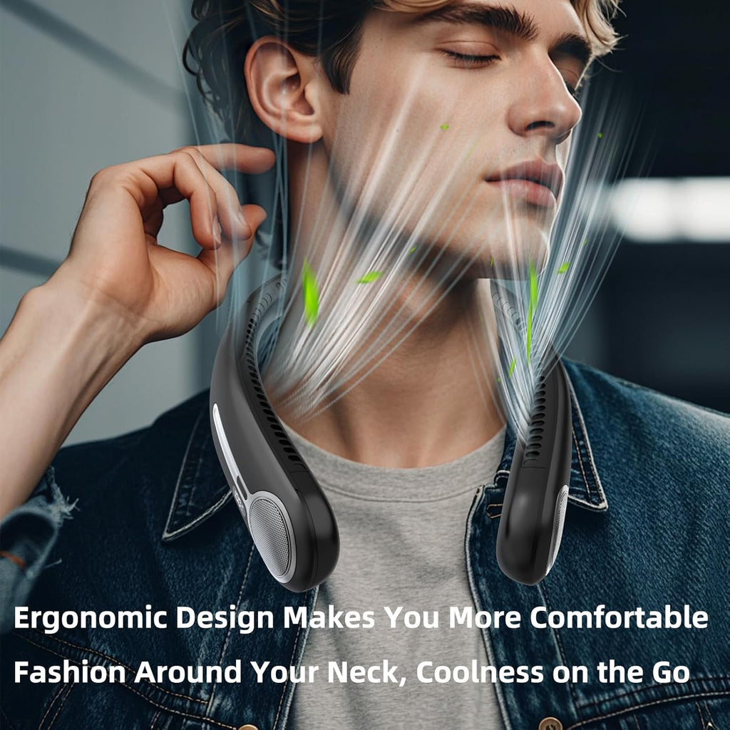 Skiennix Portable Neck Fan - Hands-Free Bladeless Design with 360° Cooling | USB Rechargeable, LED Display, 4 Speeds (Black)