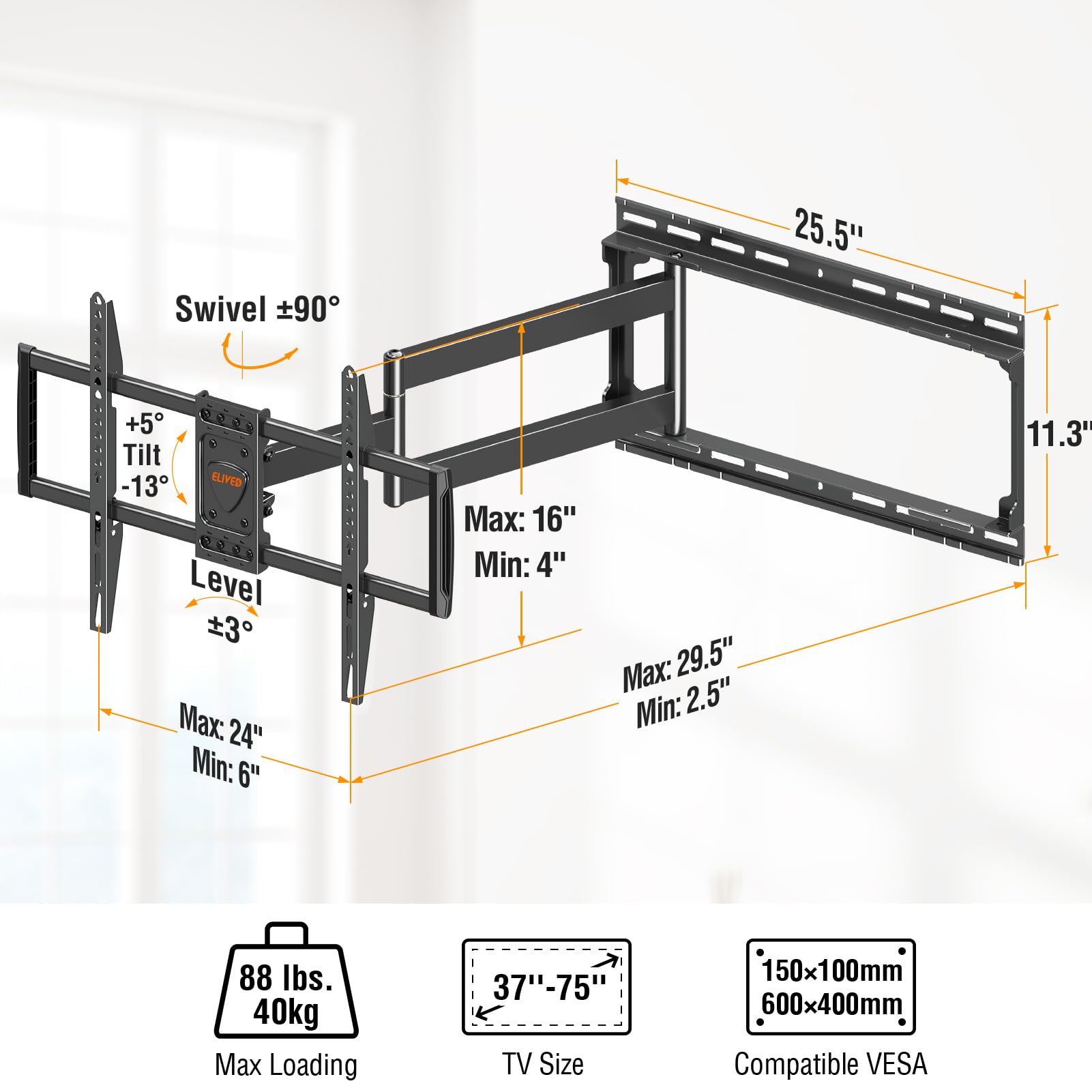 ELIVED Long Arm TV Mount for Most 37-75 Inch tv, Full Motion Wall Bracket with 29.5 inch Long Extension Articulating TV Wall Mount, Max VESA 600x400mm, Holds up to 88lbs, fits Wood Studs 12"-24".