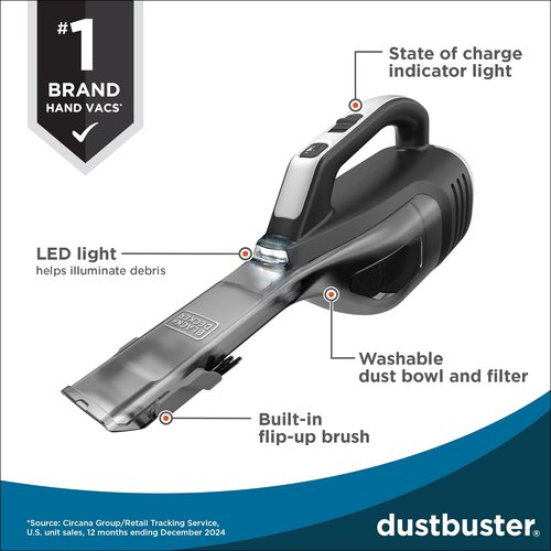 BLACK+DECKER Dustbuster Handheld Vacuum - Cordless, Lightweight with LED Light & Crevice Tool - Rechargeable (HLVD320B42)