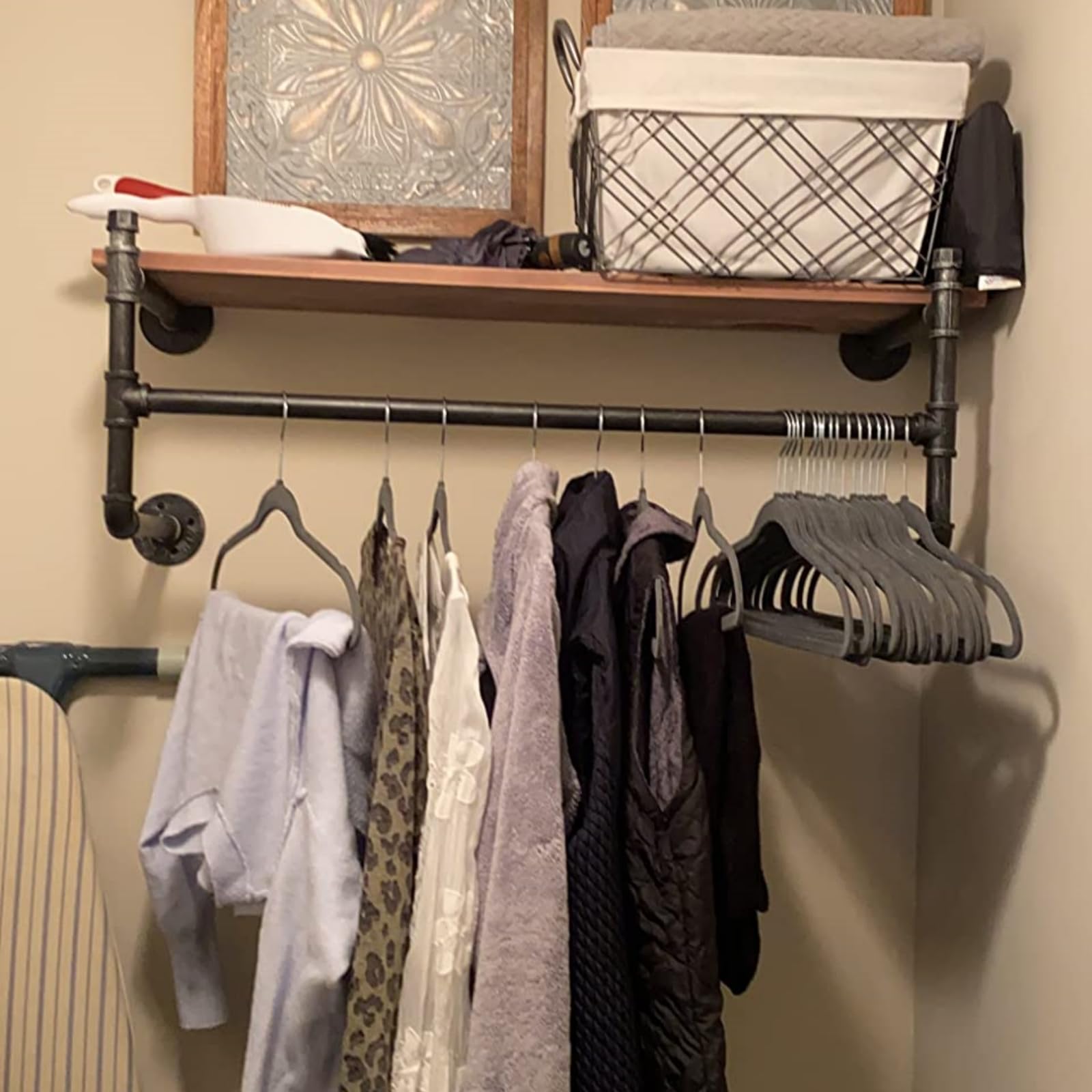 OLDRAINBOW Industrial Pipe Clothing Rack Wall Mounted with Real Wood Shelf,Pipe Shelving Floating Shelves Wall Shelf,36in Retail Clothes Racks Display Rack