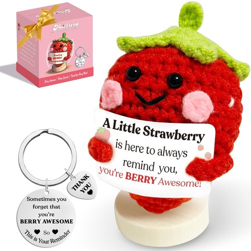 Maffuno Positive Crochet Strawberry Gifts for Women: Easter Basket Stuffers Birthday Gifts for Friend Daughter Mom Sister Her, Handmade Strawberry with Emotional Cheer Up Support Card (Berry Awesome)