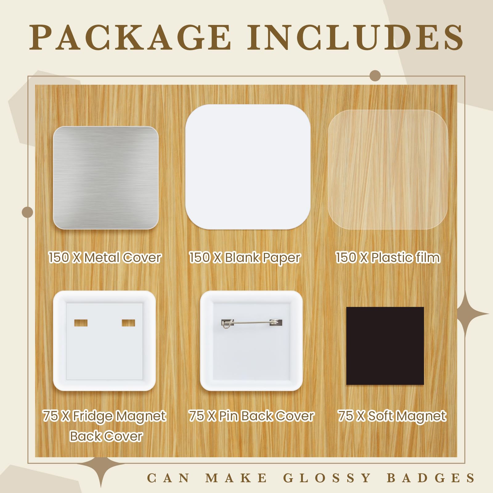Wavwavw 150 Sets 50mm/1.97 Inch Square Button Maker Supplies, 75 Pcs Blank Fridge Magnet Badge Parts and 75 Pcs Pin-Back Badge Parts Press for Square Button Maker Machine, DIY Gift Crafts