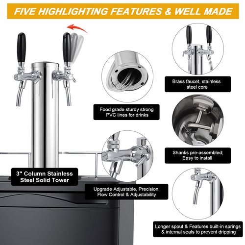 FERRODAY Upgraded Long Shank Adjustable Faucet Kegerator Tower Dual Faucet Beer Tower Double Tap Beer Tower Dispenser Beer Tap Kegerator Parts Pre-assembled Lines 3" Keg Tower Beer Keg Tap