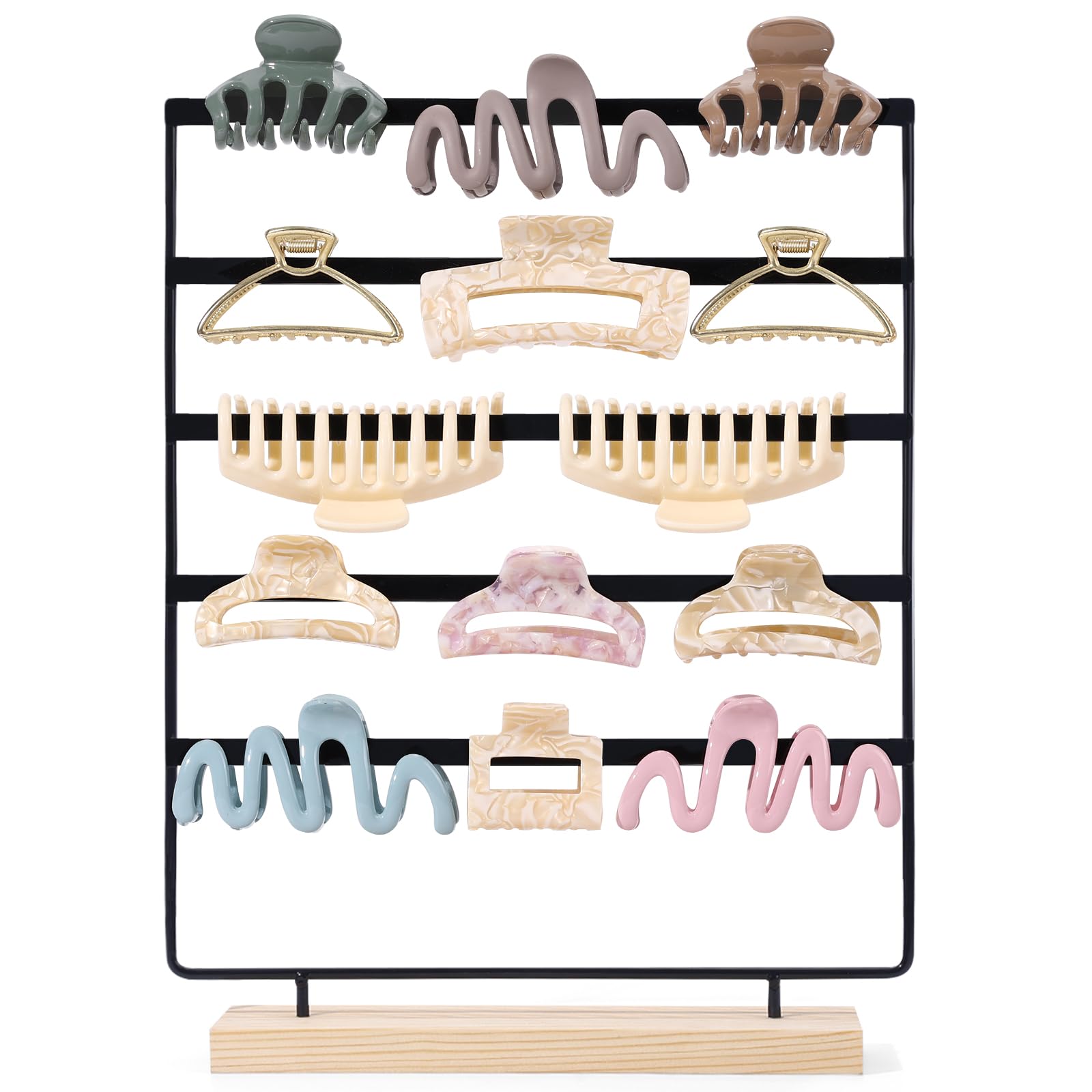 SNOWSTAR Hair Claw Clip Holder Organizer - 5 Tier Iron Rod Hair Clip Holder Storage for Women Girls, Wood Base Desktop Organizer