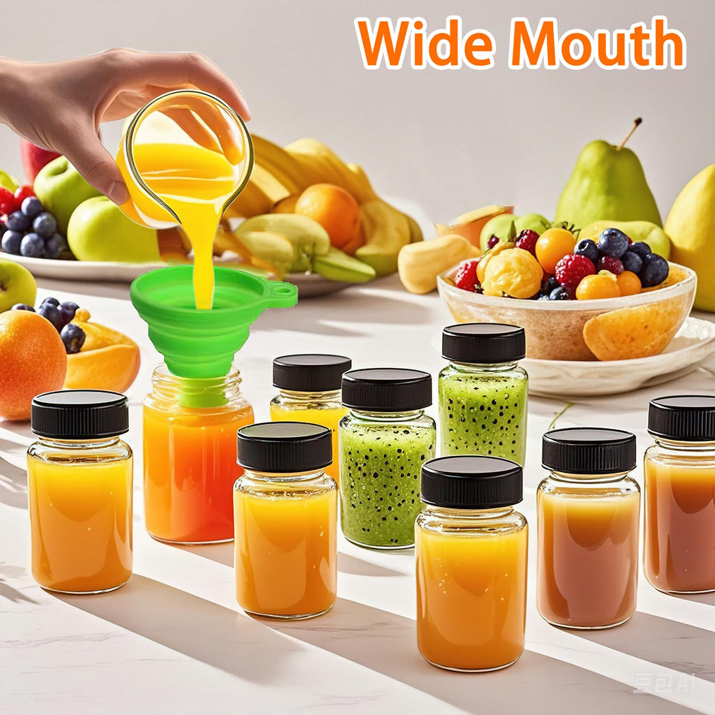 SAIAOKJ 9 Pack Glass Bottles with Lids - 2 oz Wide Mouth Leakproof Reusable Juice Travel Bottles with Labels for Ginger Shot, Turmeric Juice, Whiskey & Camping