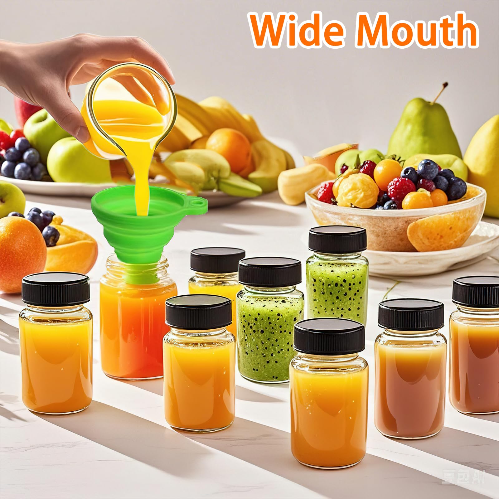 SAIAOKJ 9 Pack Glass Bottles with Lids - 2 oz Wide Mouth Leakproof Reusable Juice Travel Bottles with Labels for Ginger Shot, Turmeric Juice, Whiskey & Camping