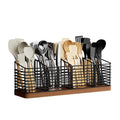 BZBRLZ Large Utensil Holder for Kitchen Counter with 4 Compartments, Matte Black Metal Holder with Wooden Base Cooking Utensil Organizer for Spatula Utensil Crock Caddy