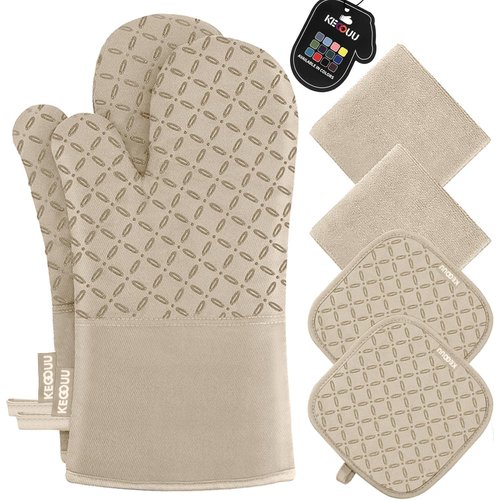 KEGOUU Oven Mitts and Pot Holders 6pcs Set, Kitchen Oven Glove High Heat Resistant 500 Degree Extra Long Oven Mitts and Potholder with Non-Slip Silicone Surface for Cooking (Almond)