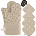 KEGOUU Oven Mitts and Pot Holders 6pcs Set, Kitchen Oven Glove High Heat Resistant 500 Degree Extra Long Oven Mitts and Potholder with Non-Slip Silicone Surface for Cooking (Almond)