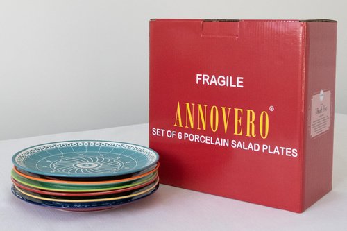 Annovero Salad Plates - Small Plate for Serving Appetizer, Lunch, Sandwich - Microwavable - Decorative Cute Colorful Porcelain Boho Dish Set for 6 - Zero Lead & Cadmium - 8.5 Inch Diameter