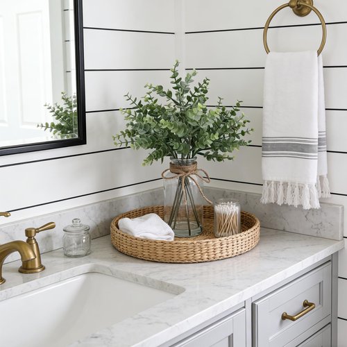 Coferset Eucalyptus Stems in Glass Vase with Faux Water, 14" Eucalyptus Fake Plants for Home Bathroom Counter Office Kitchen Farmhouse Shelf Centerpiece Coffee Table Decor(Sage Green)