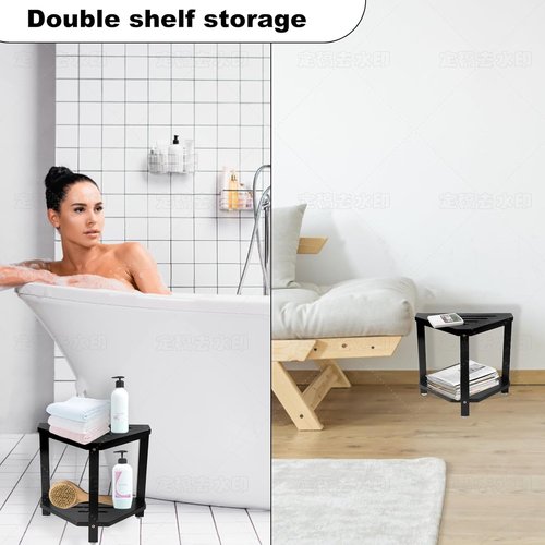 IBosins Corner Shower Stool - Stylish Acacia Wood Bath Seat with Storage Shelf | Black Finish