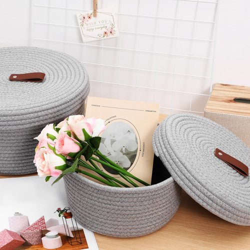 Cabilock Rope Storage Basket Set with Lid Woven Cotton Rope Organizer Baskets for Home Nursery Bathroom and Laundry Includes Large 10.62 Inch and Small Organizer for Closet and Shelf Storage