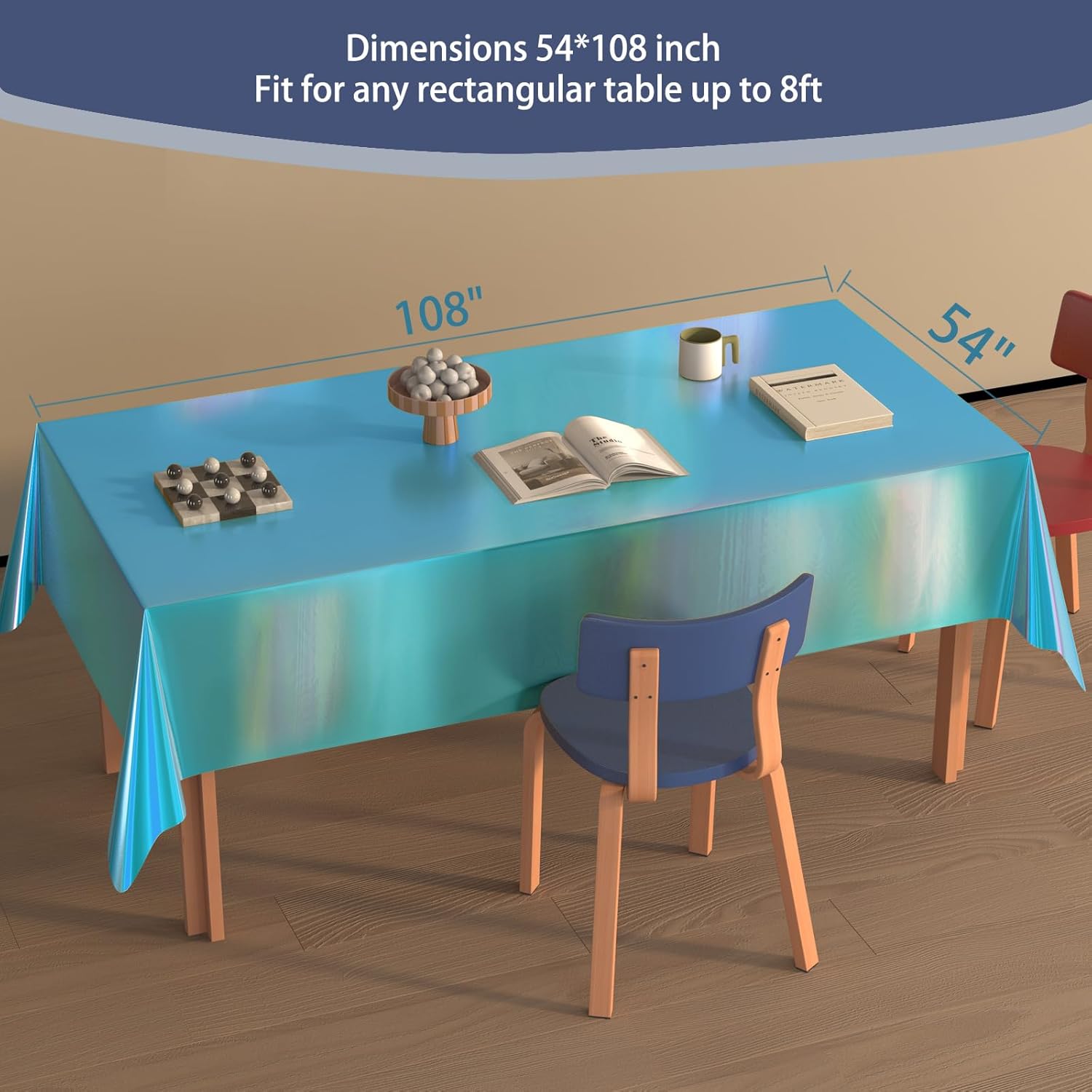 Sparkly Foil Tablecloths by Iridescent | 4 Pack Disposable Covers for Rectangle Tables - 54 x 108 Inch, Blue