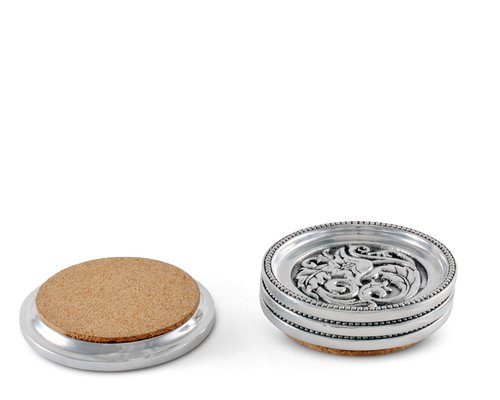 Arthur Court Aluminum Metal Western Concho Drink Coasters for Home Counters, Kitchen, Dining, Living Room, Patio, Coffee Table, Metal Holder Cork Padding Set of 4 Stackable 4 inch Diameter