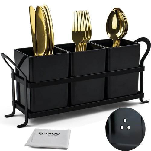 ECOIOU Cutlery Holder with Drain Holes, Dishwasher Safe Silverware Caddy for Party, Kitchen Counter, 3pcs Bins Set Countertop Utensil Holder for Spoons, Forks and Knives, Black