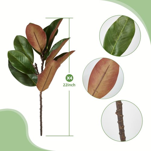 OBDXZHC 4 Pcs Magnolia Artificial Leaves Branches 22 Inch 3D Real Touch Faux Magnolia Stems Fake Magnolia Twigs for Indoor Outdoor Vase Filling Home Wedding Floral Arrangement Decoration