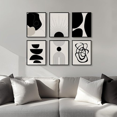 Framed Boho Black and White Abstract Wall Art - Set of 6 Modern Canvas Prints for Home Decor | 11x14 Inch