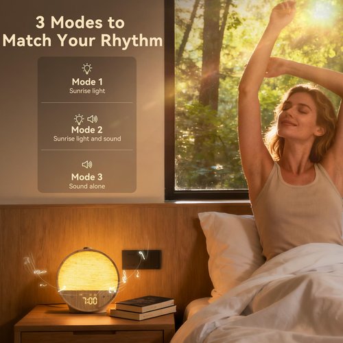 Vivilumens Wood Grain Sunrise Alarm Clock, Gentle Wake-Up Light Sound Machine, Dual Alarms for Heavy Sleepers, Natural Sounds, RGB Mood Light, Dimmable Bedside Night Lamp, Ideal for Bedroom & Gifts