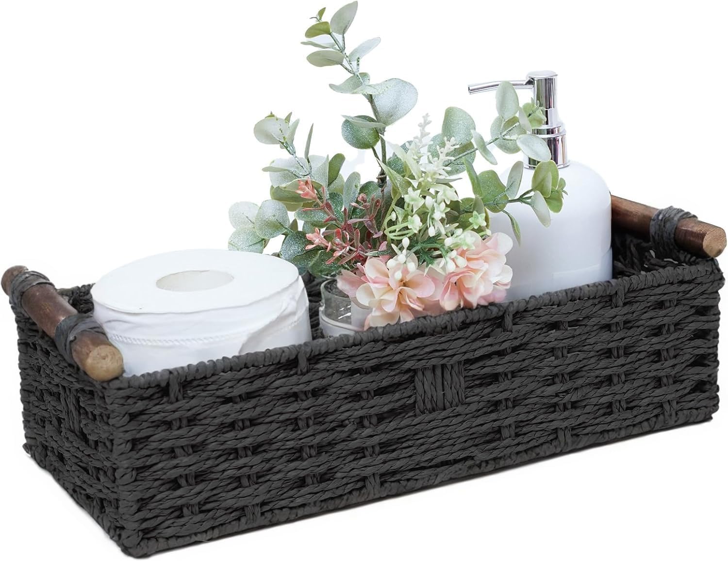 Skiennix Round Paper Rope Storage Basket - Decorative Wicker Baskets with Handle | Black, Small Size for Organizing